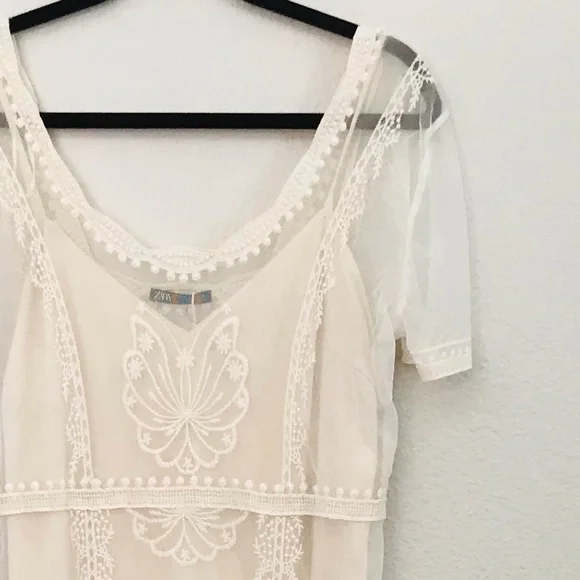 Zara Embroidered Long Sheer Dress in Ivory Sz Large. - Picture 3 of 6